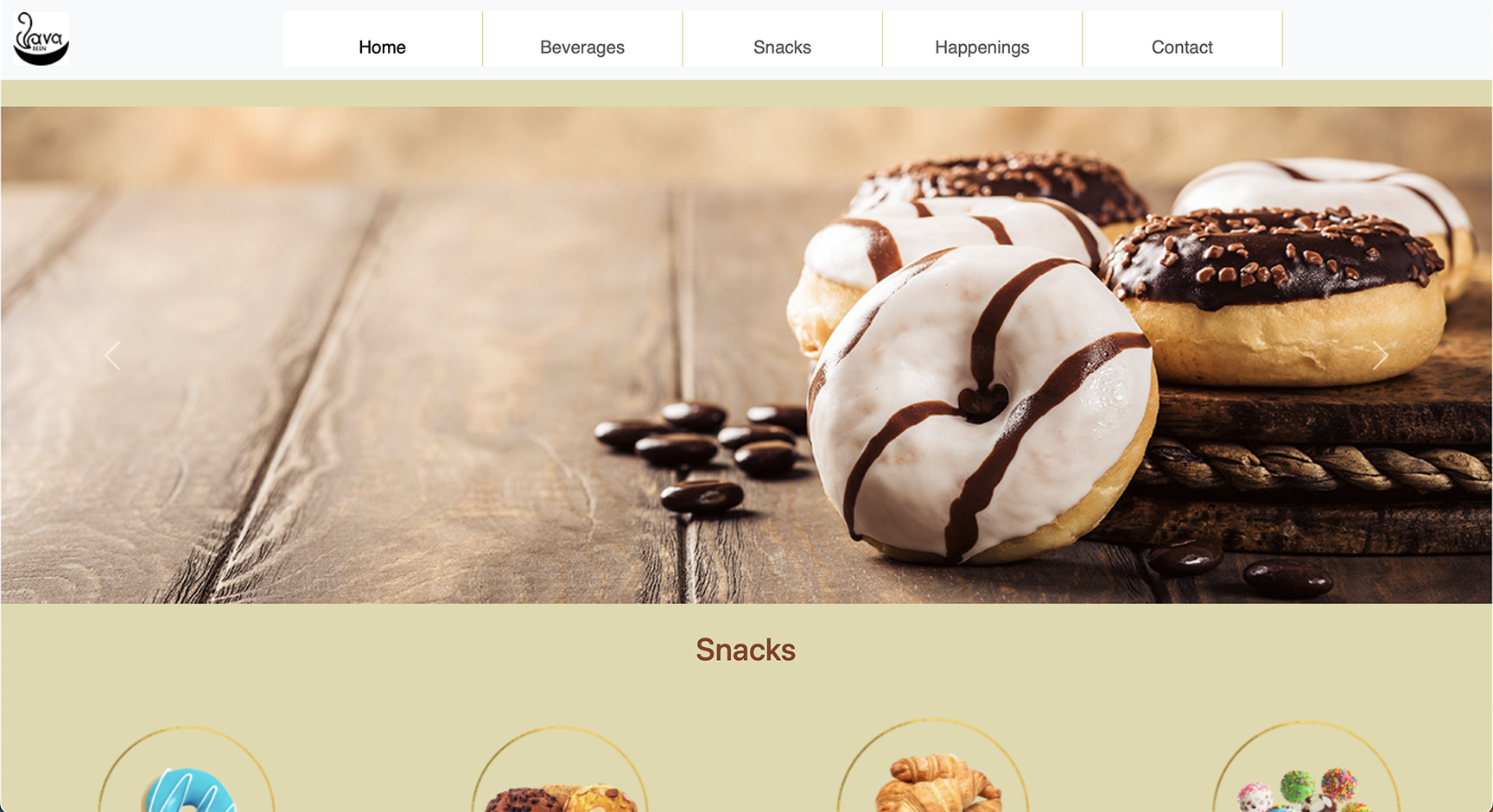 Java Been Snacks webpage image