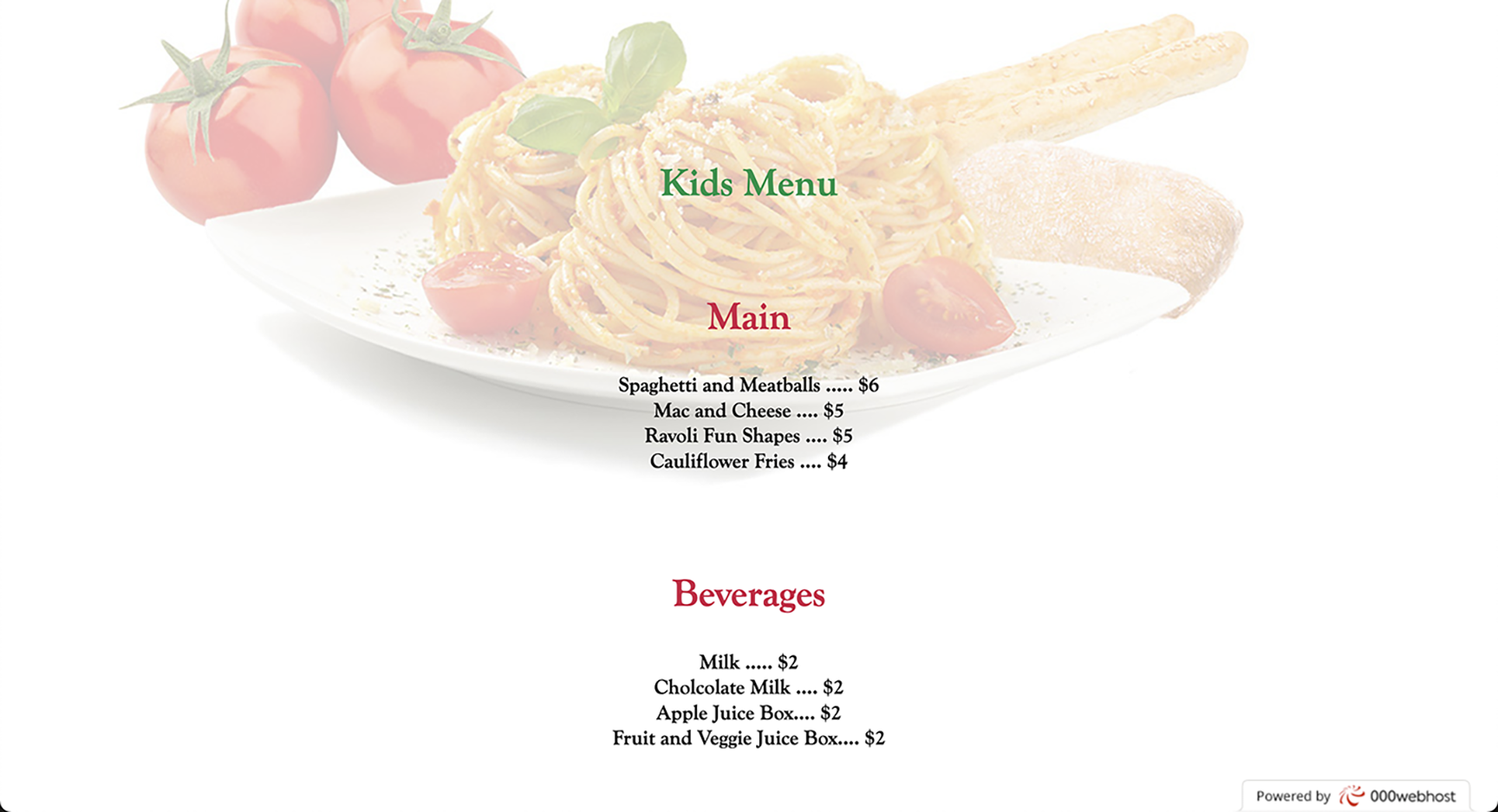 image of Pasta Amore menu page